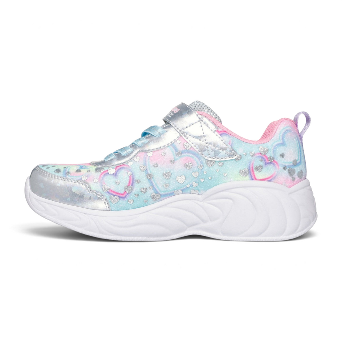 FRG Skechers Unicorn Dreams light-up sneakers for kids in silver and multi-colour with heart and hologram accents.