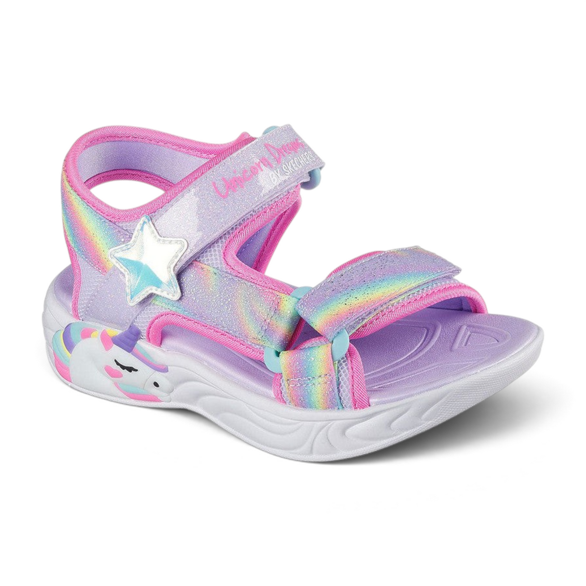 FRG Skechers Unicorn Dreams light-up sandals in lavender multi with rainbow straps, star detail, and unicorn midsole.