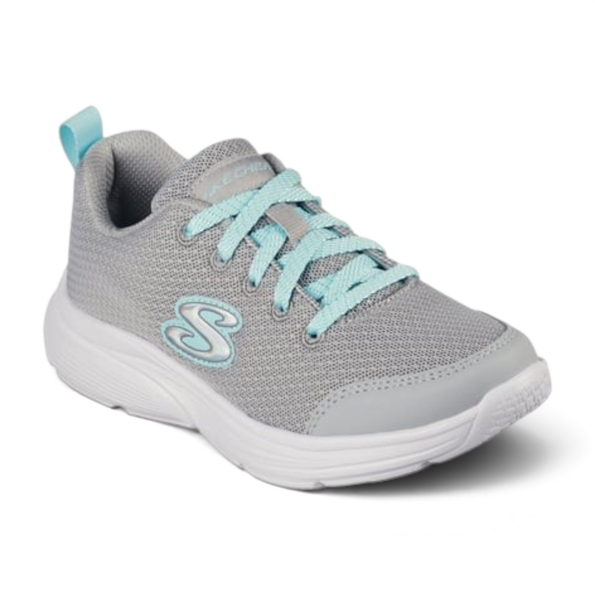 FRG Wavy Lites grey mesh athletic sneakers with light blue laces and heel pull tab on a white background