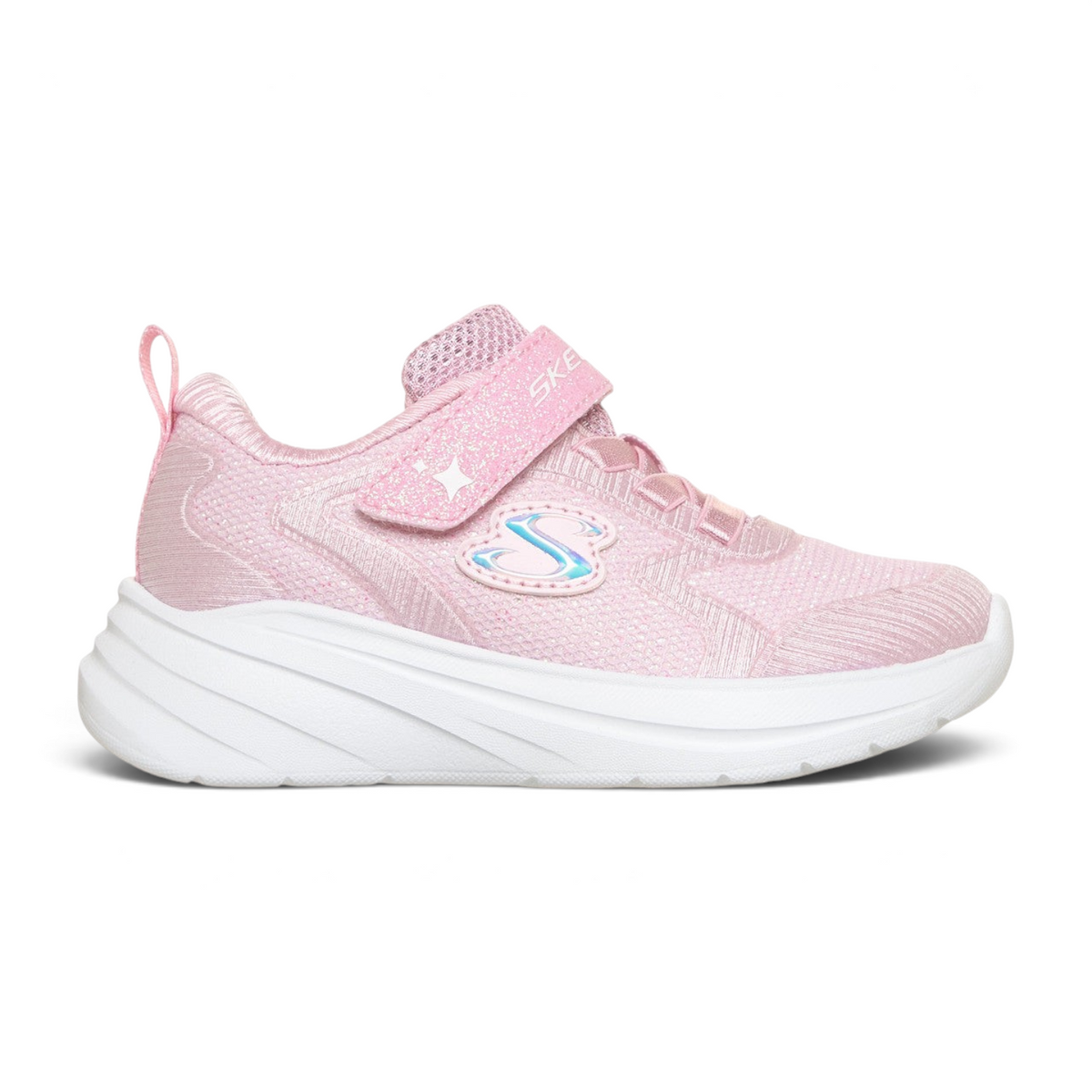 FRG Skechers Wave 92 light pink sporty slip-on sneaker with sparkle mesh upper and adaptive hook-and-loop closure
