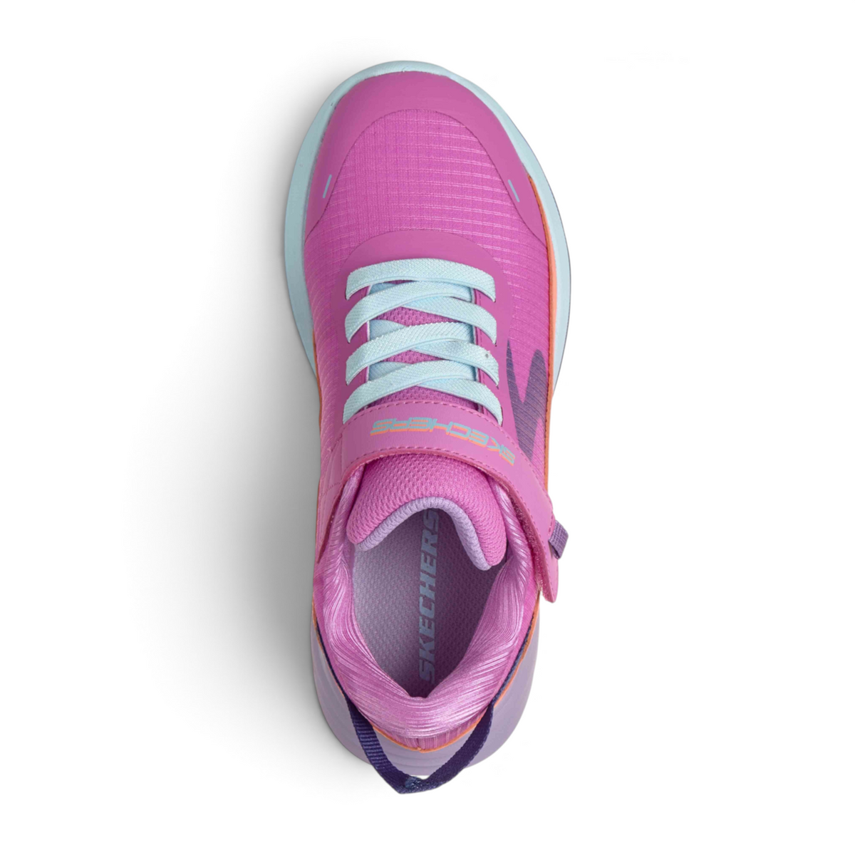 FRG WAVE 92 IMARA LITE pink athletic sneaker with light blue laces and hook-and-loop strap, top-down view