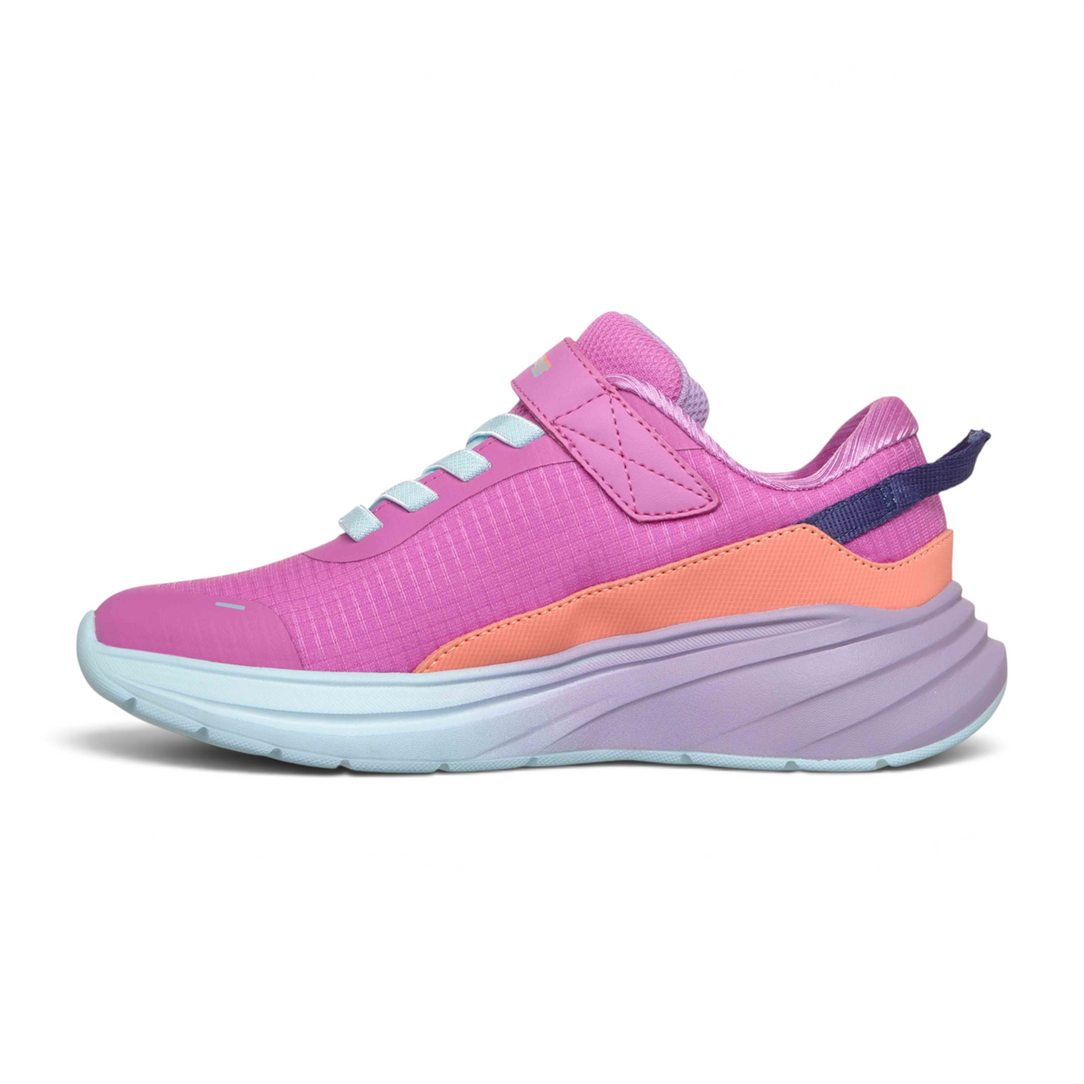 FRG WAVE 92 IMARA LITE girls pink athletic sneaker with a hook-and-loop strap and chunky light blue cushioned sole