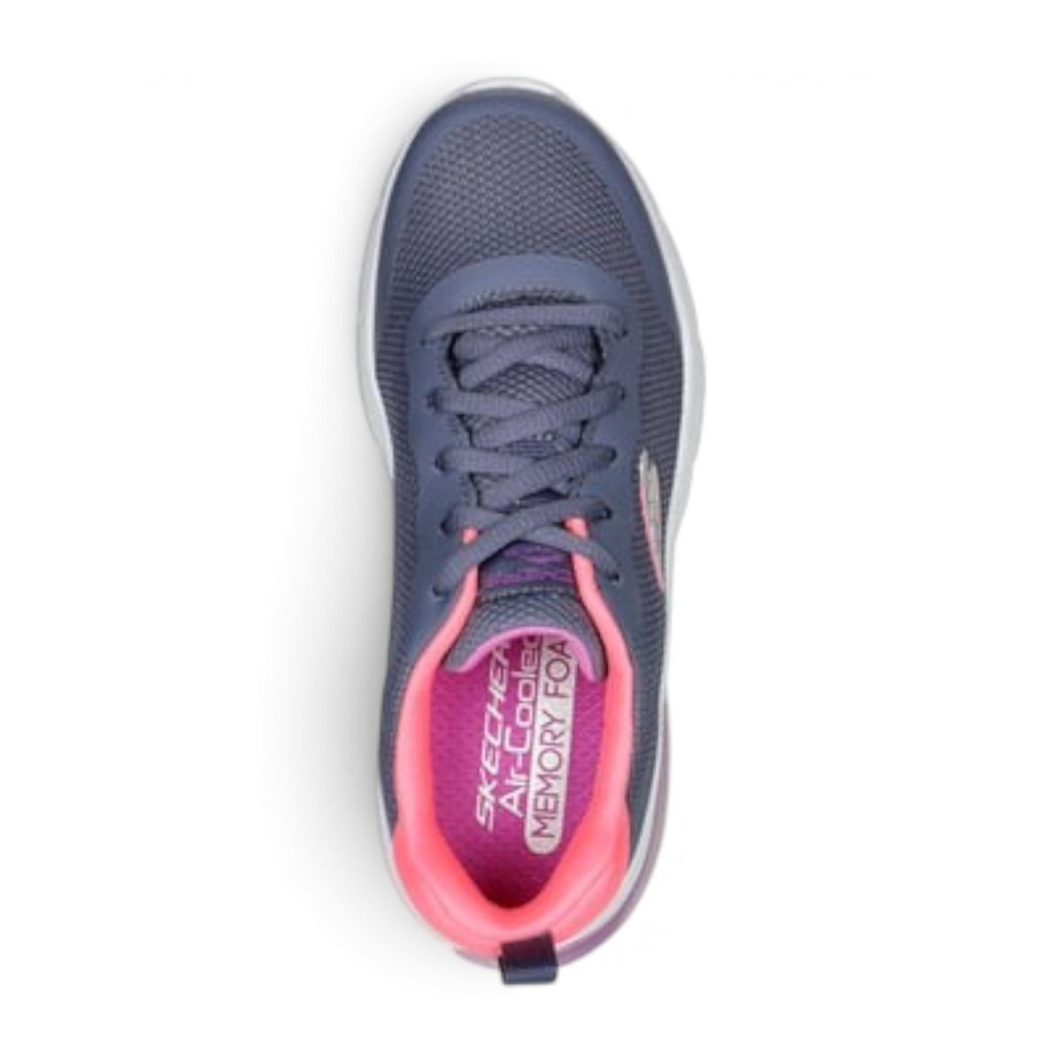 FRG SKECH-AIR AIRMATIC sneakers in grey mesh with pink lining and memory foam insoles, top-down view.