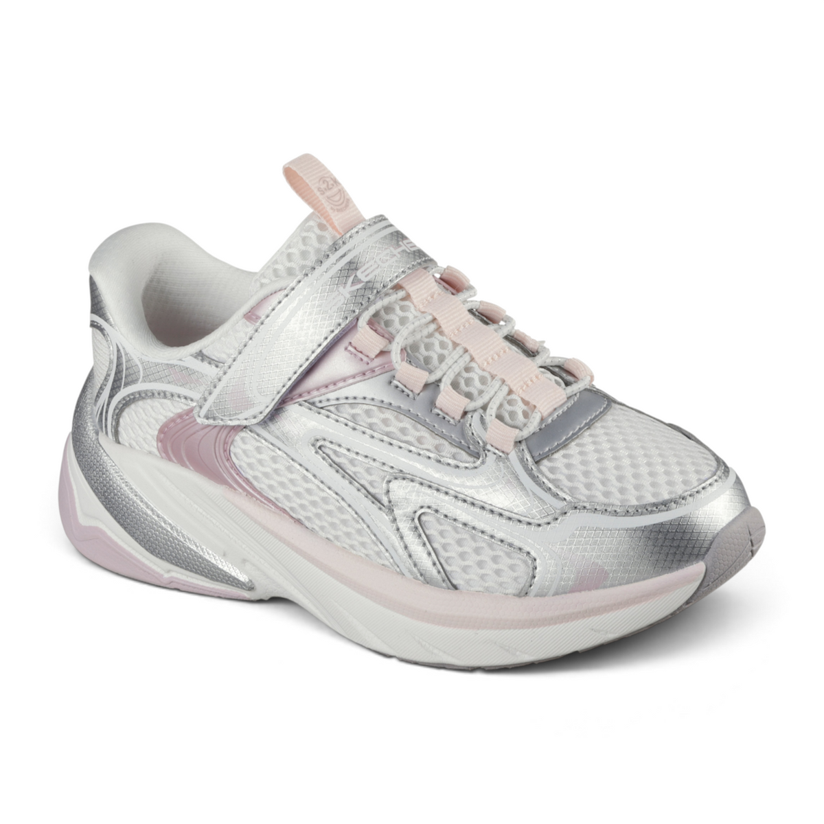 FRG S2K adaptive sneaker in white and silver with pink accents, featuring a convenient velcro closure strap.