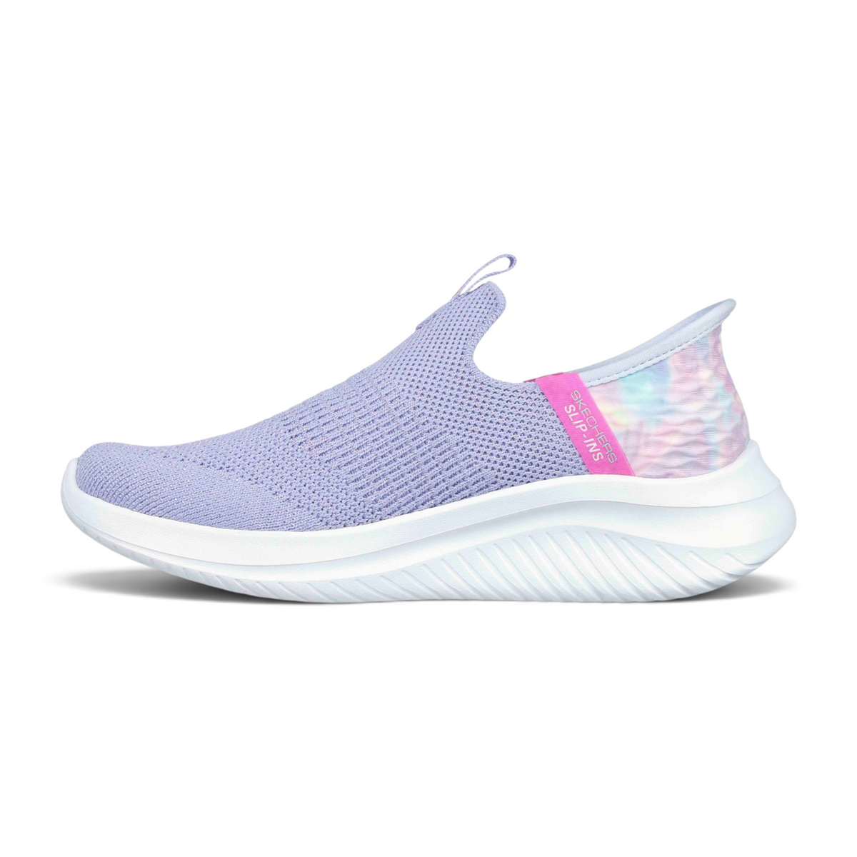 FRG Skechers Slip-ins Ultra Flex 3.0 lavender knit sneaker with a colorful patterned heel and white cushioned sole.