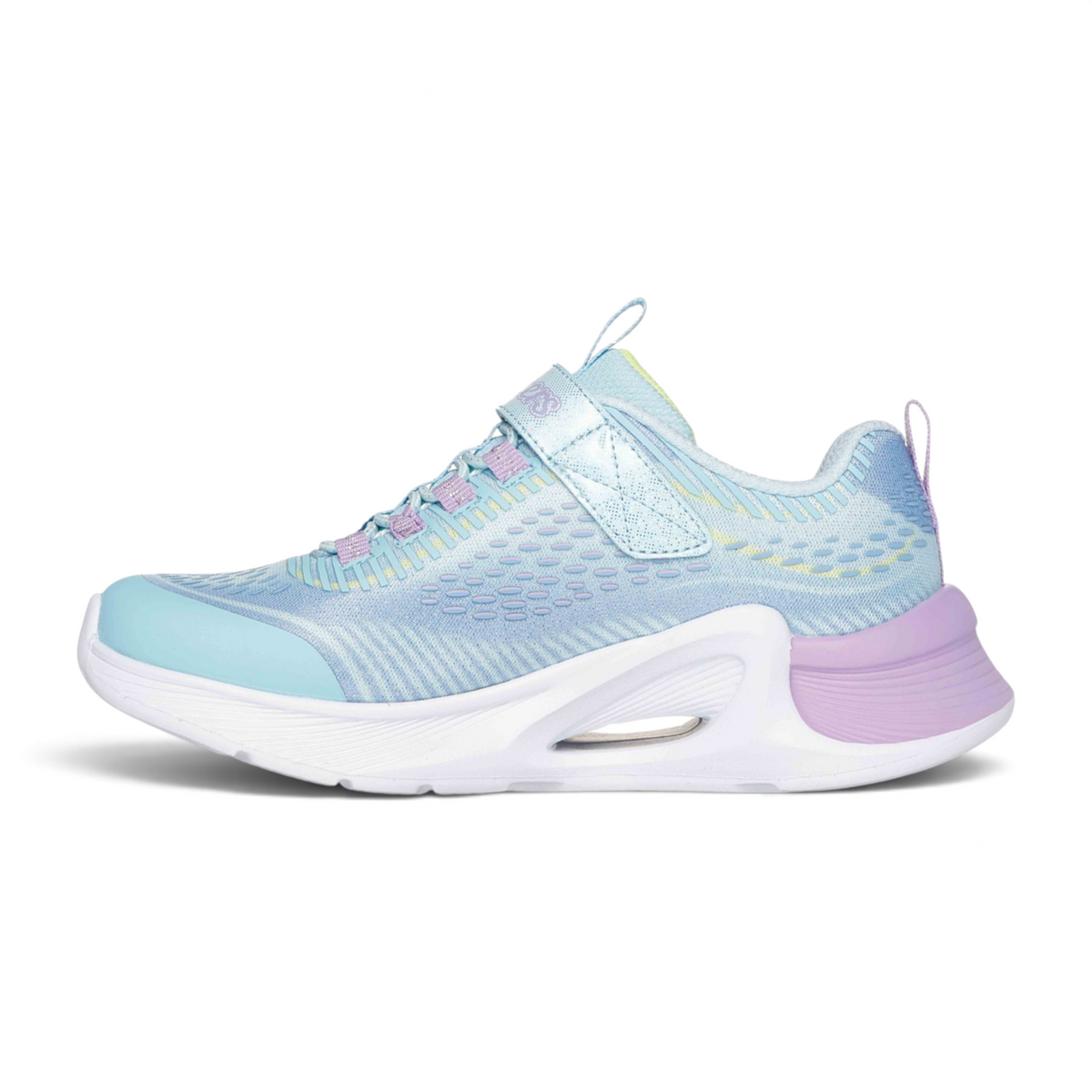 FRG TIDE TECH light blue and lavender athletic sneaker with a hook-and-loop strap and cushioned white sole