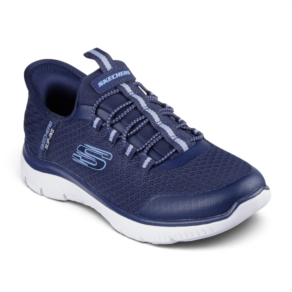 FRG SLIP-INS: SUMMITS navy blue mesh slip-on sneakers with white cushioned soles and elastic bungee laces