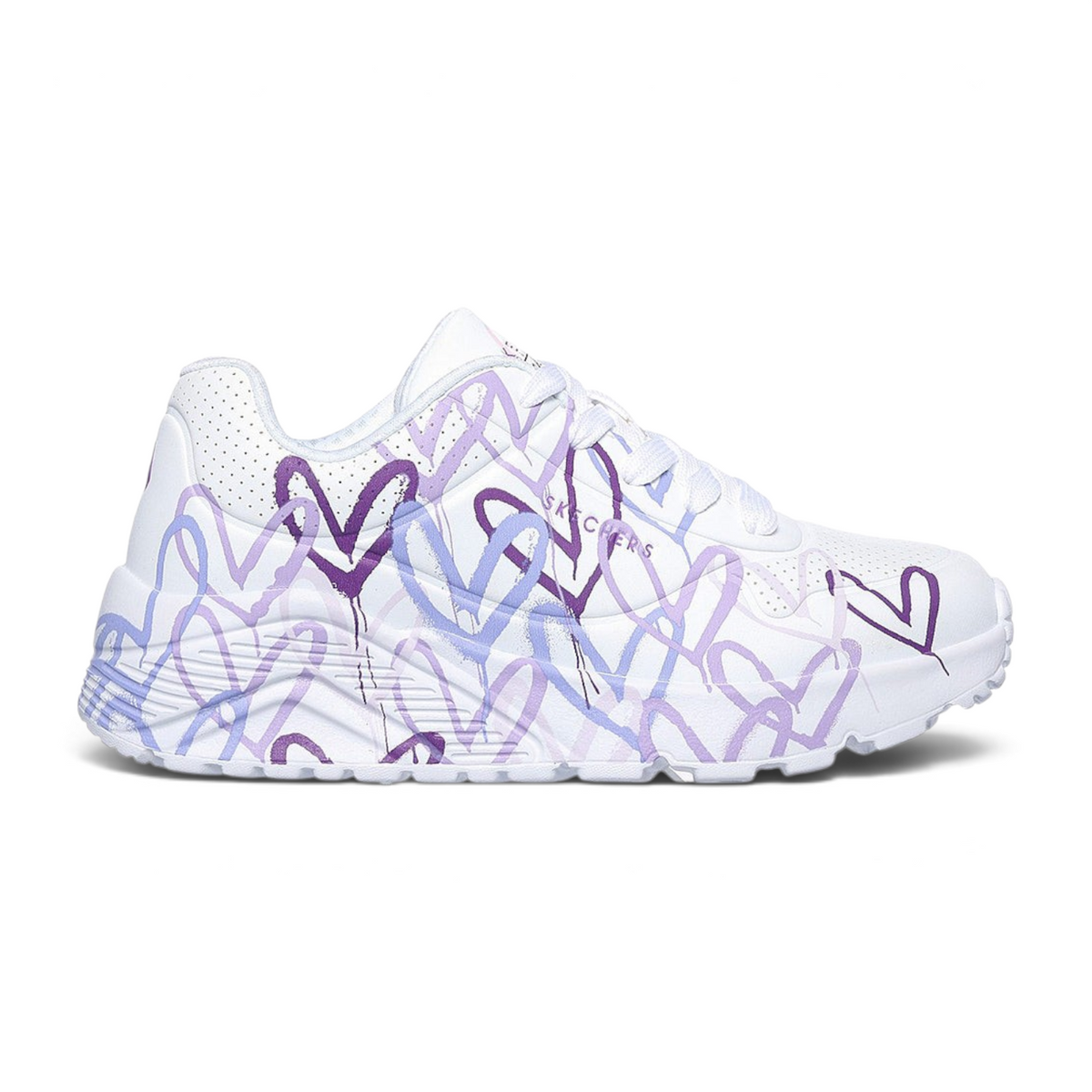 FRG UNO LITE white sneaker featuring a purple and lavender heart graffiti print on the side