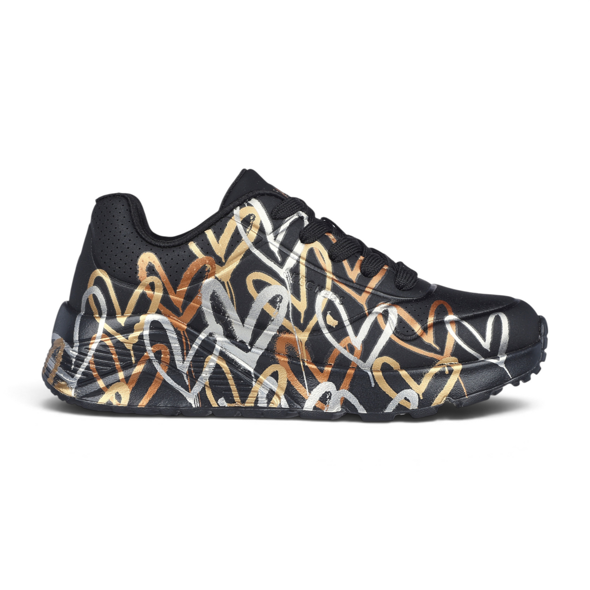 FRG Skechers Street Tres-Air Uno Vision-Airy sneakers in black with metallic gold and silver heart print pattern
