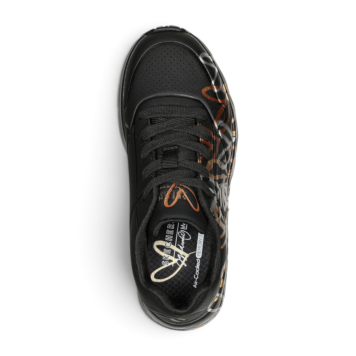 FRG SKECHERS Street Tres-Air Uno Vision-Airy black sneaker with metallic gold heart detailing and lace-up front