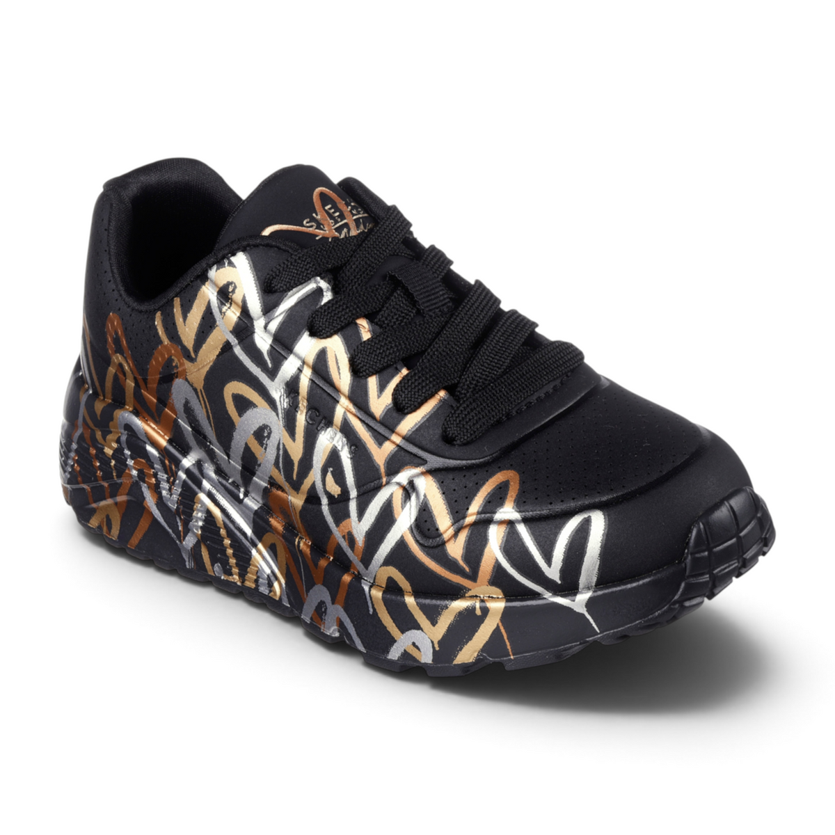 FRG Skechers Street Tres-Air Uno Vision-Airy black sneaker with metallic gold and silver heart print pattern