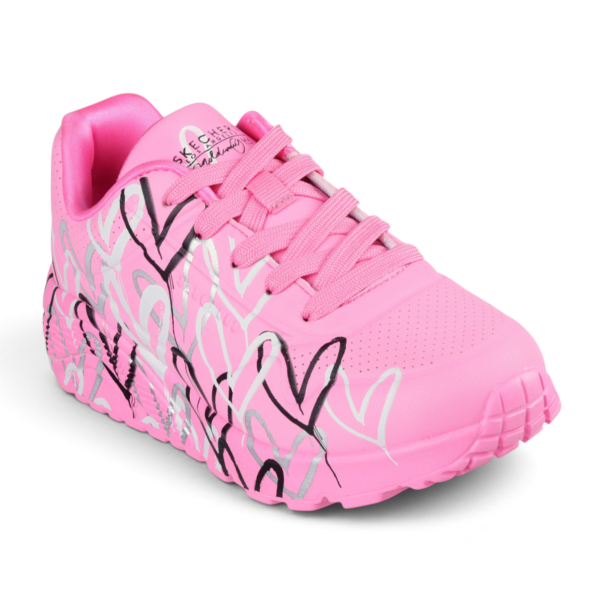 FRG SKECHERS Street Tres-Air Uno Vision-Airy sneaker in bright pink with black and silver heart graffiti print