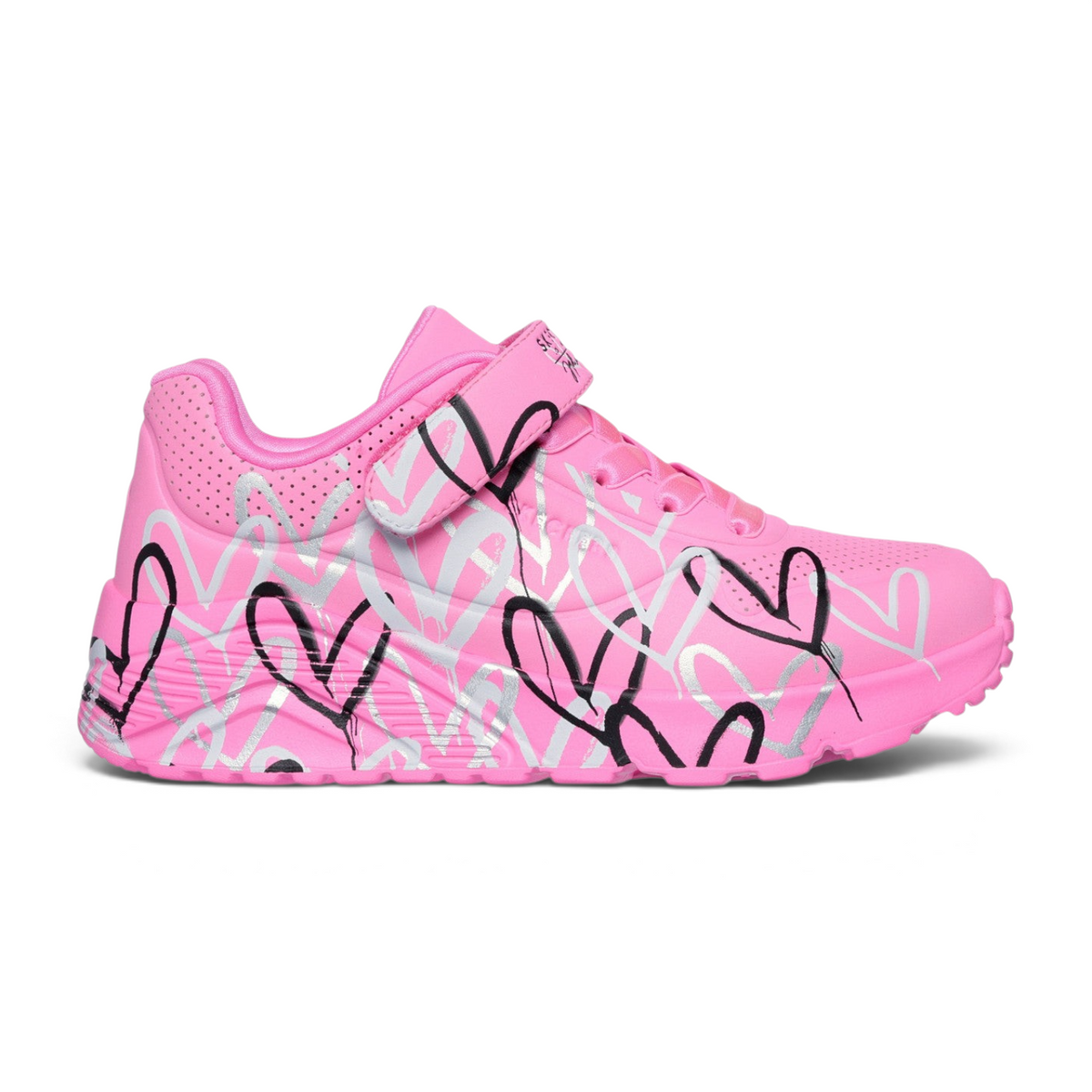 FRG Skechers Street x JGoldcrown Uno Lite hot pink wedge sneaker with signature drip-heart graffiti print