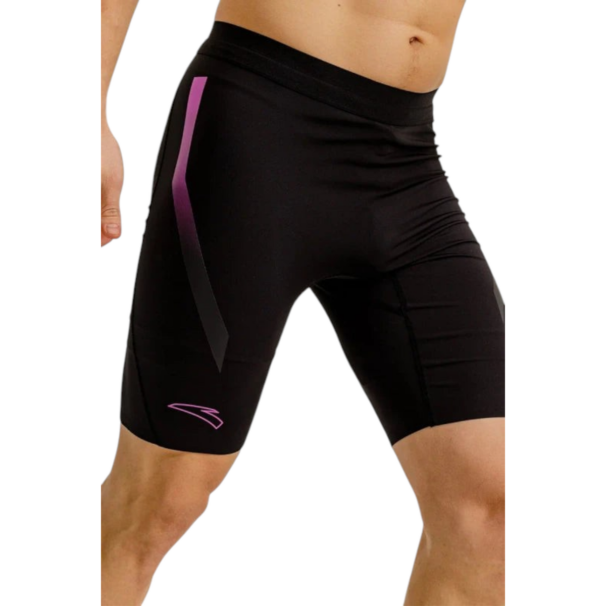 FRG ANTA A-Cool black running tight half pants with purple gradient side detail and logo on a male model