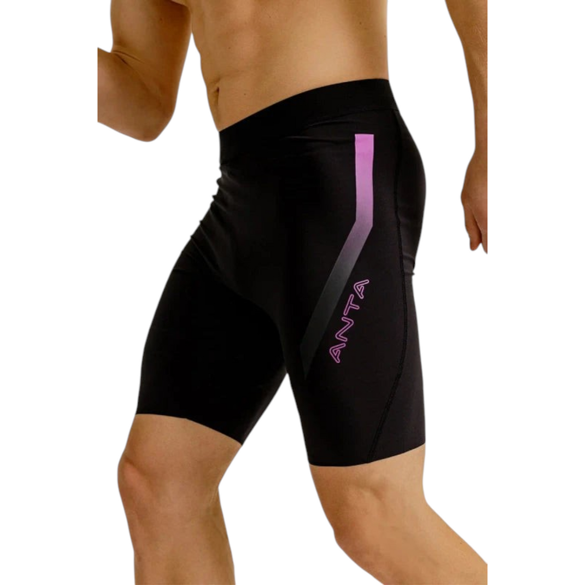 FRG ANTA A-Cool black compression running shorts with purple gradient side stripe on a male runner