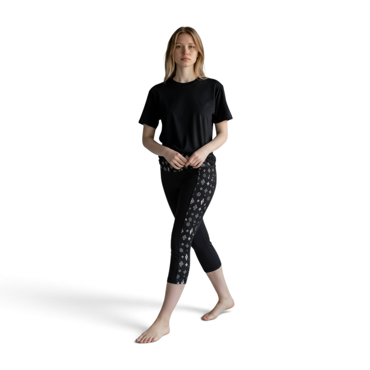 FRG Skechers women's black high-waisted knit capri leggings with patterned side panels worn by a blonde model