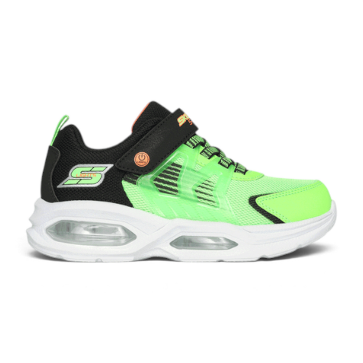 FRG S LIGHTS: PRISMATRONS kids sneaker in neon green and black mesh with a light-up sole and hook-and-loop strap