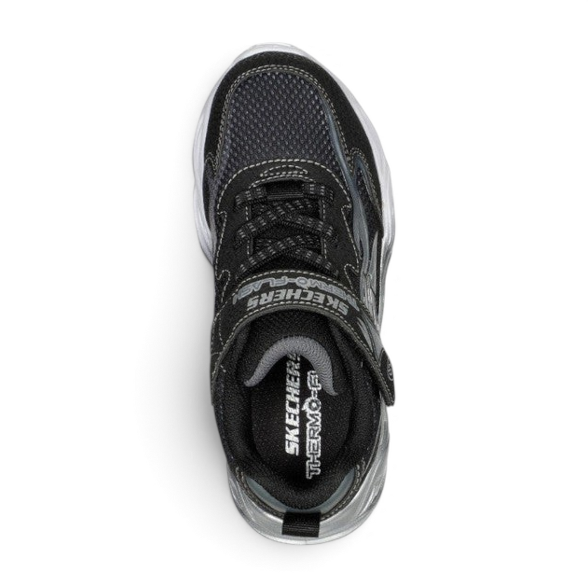 FRG Skechers Thermo Flash kids' light-up sneaker in black and silver with flame details and a strap closure