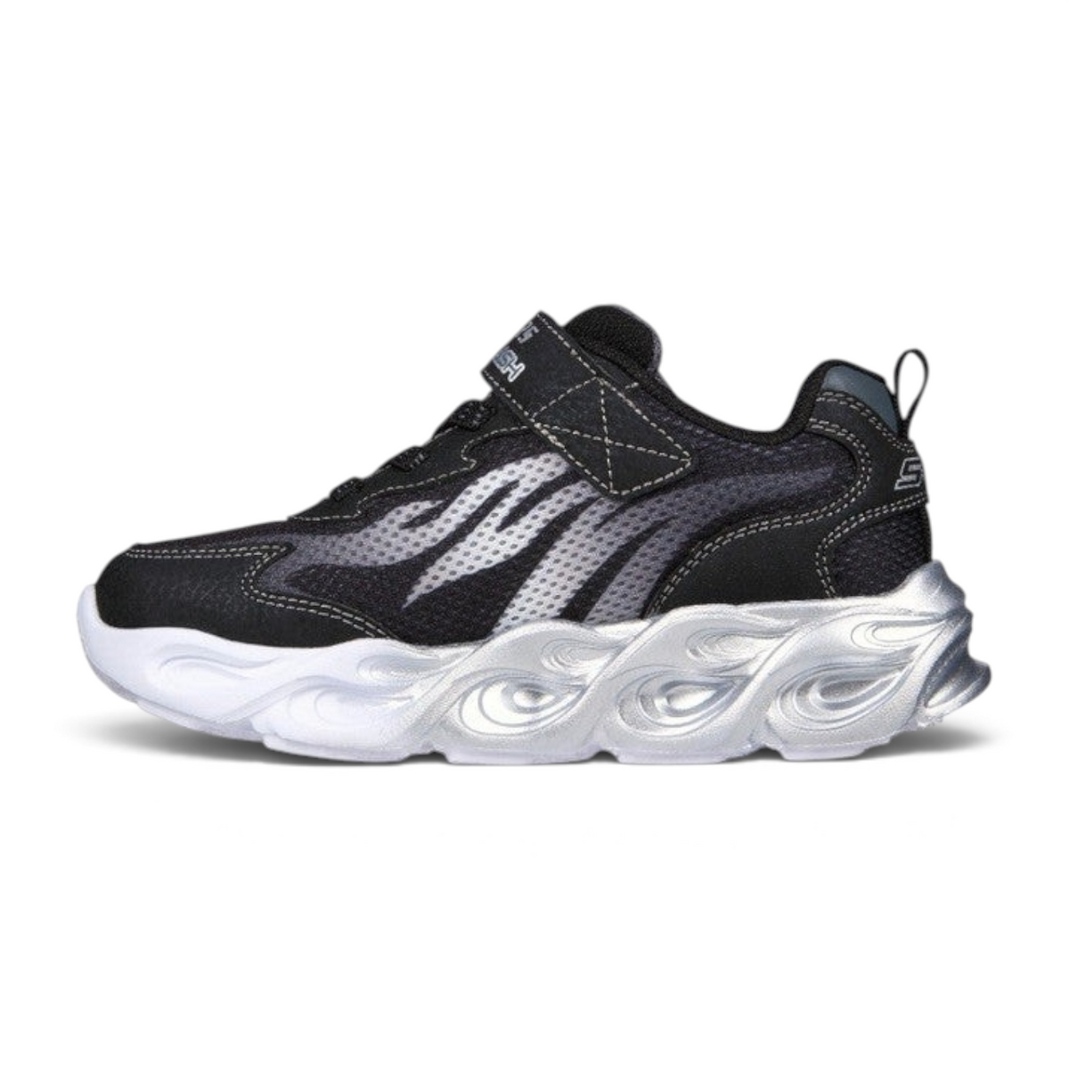 FRG Skechers Thermo Flash kids' sneaker in black and silver with flame details, strap closure, and light-up sole.
