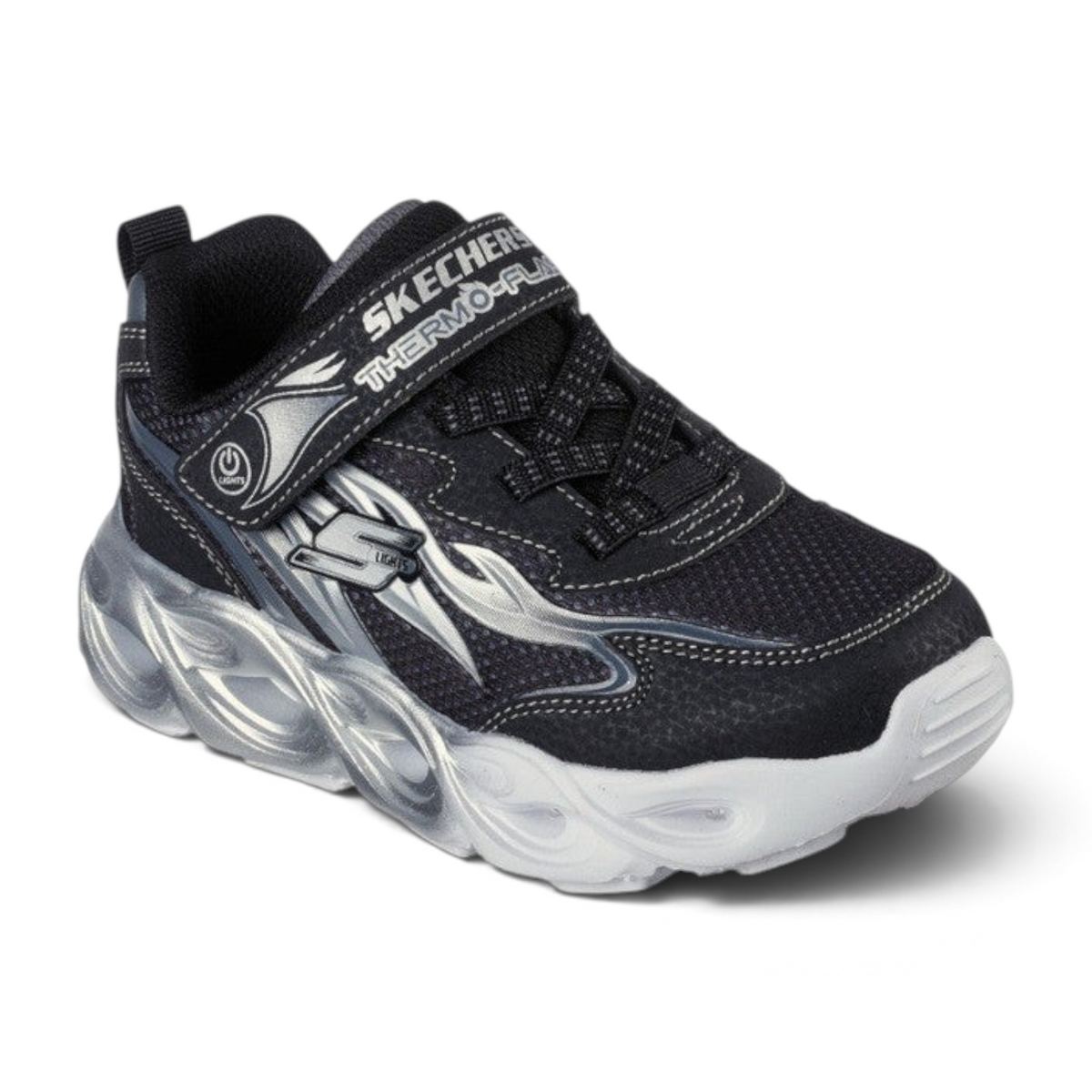 FRG Skechers Thermo Flash kids' sneaker in black and silver with flame details, strap closure, and light-up sole.