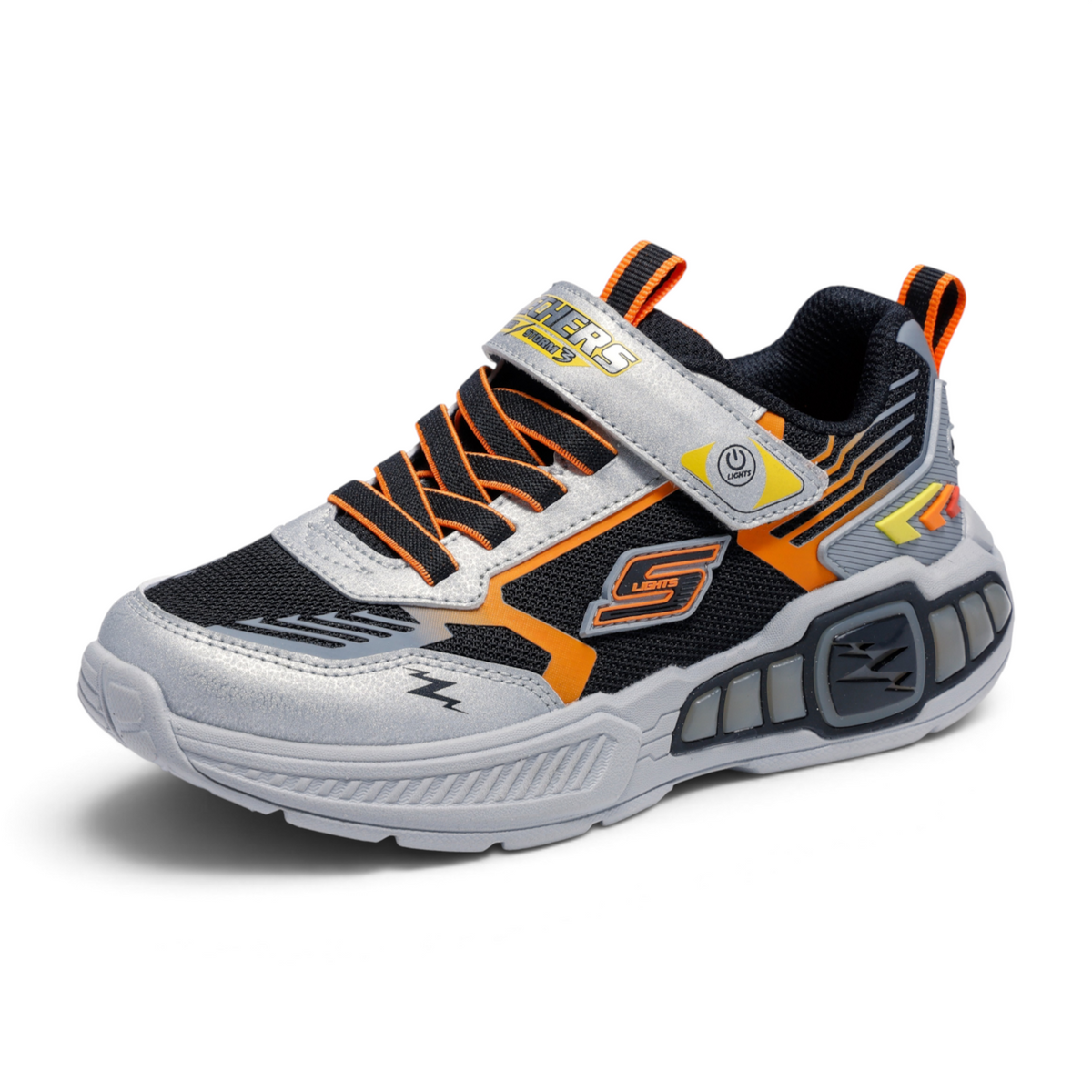 FRG LIGHT STORM 3 boys athletic sneaker in black, silver, and orange with hook-and-loop strap and light-up sole