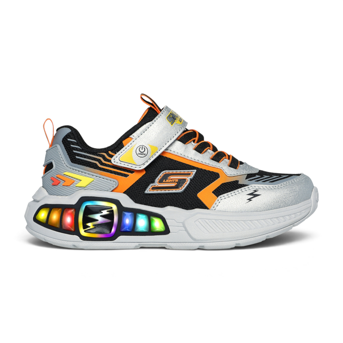 FRG LIGHT STORM 3 kids sneaker in black, silver, and orange with light-up sole and hook-and-loop strap closure