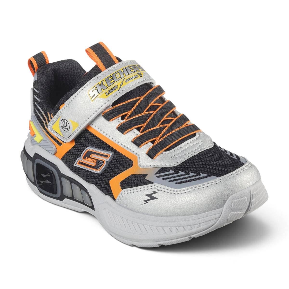 FRG LIGHT STORM 3 kids sneaker in black, silver, and orange with hook-and-loop strap and light-up sole details