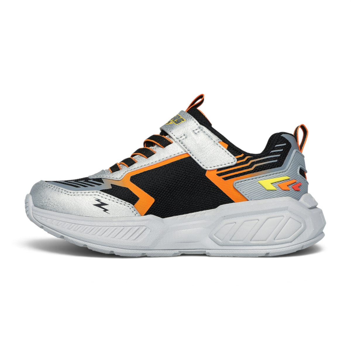 FRG LIGHT STORM 3 kids athletic sneaker in black, silver, and orange with a hook-and-loop strap and thick sole