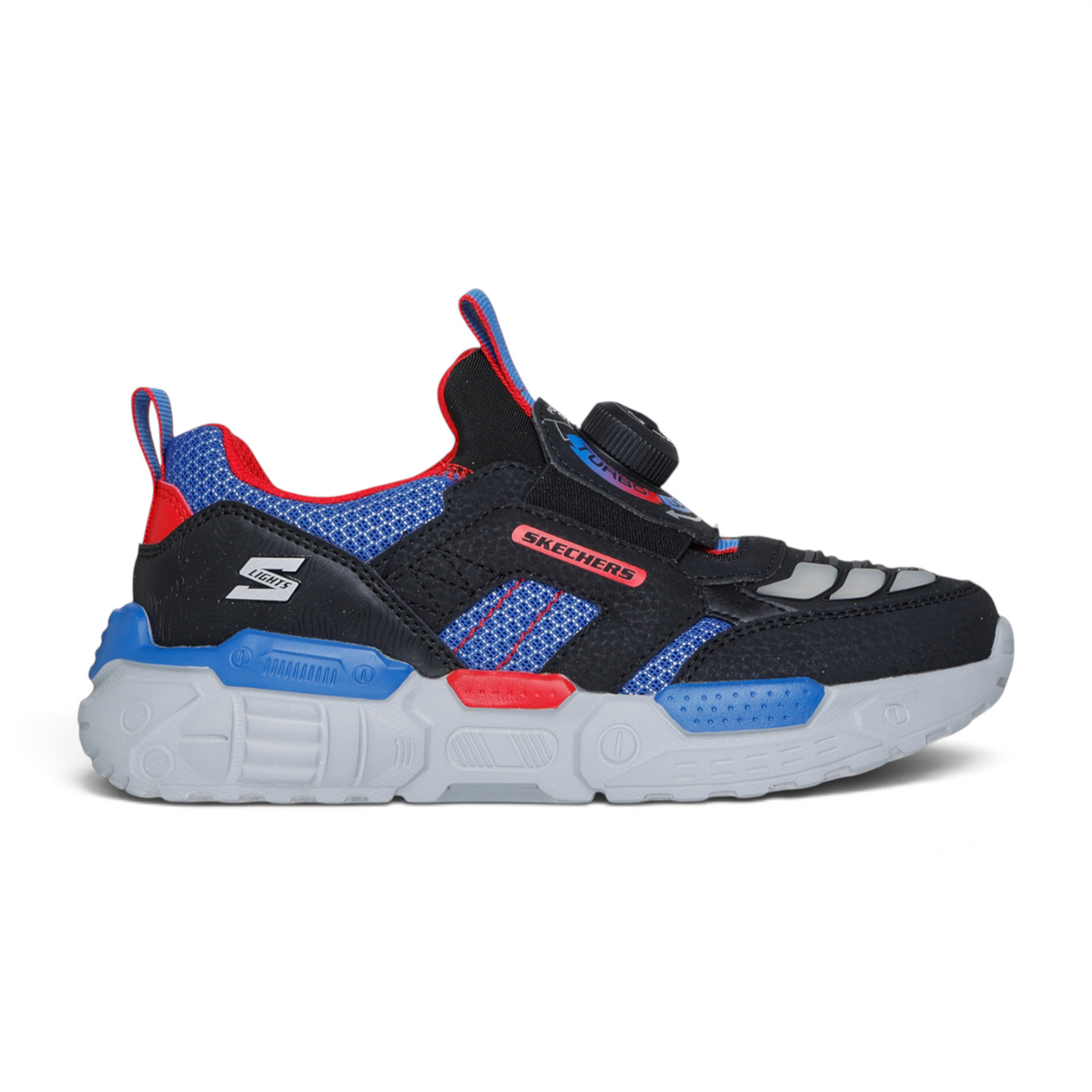 FRG SELECTRONS kids light-up sneakers in black, blue, and red with a dial closure and chunky grey sole