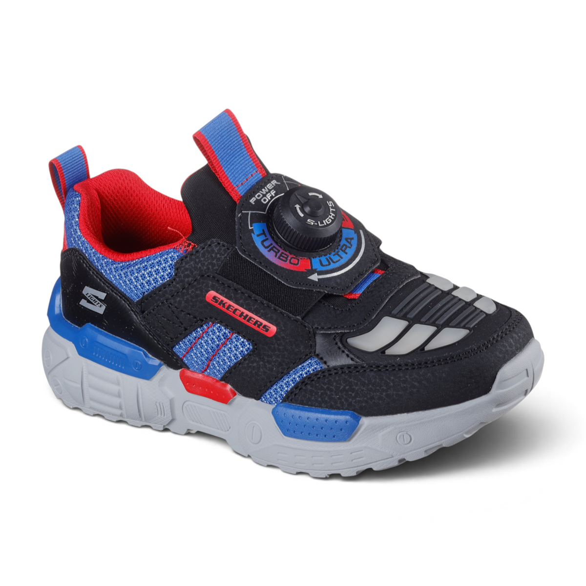 FRG SELECTRONS kids light-up sneaker in black, blue, and red with a dial closure and chunky grey sole