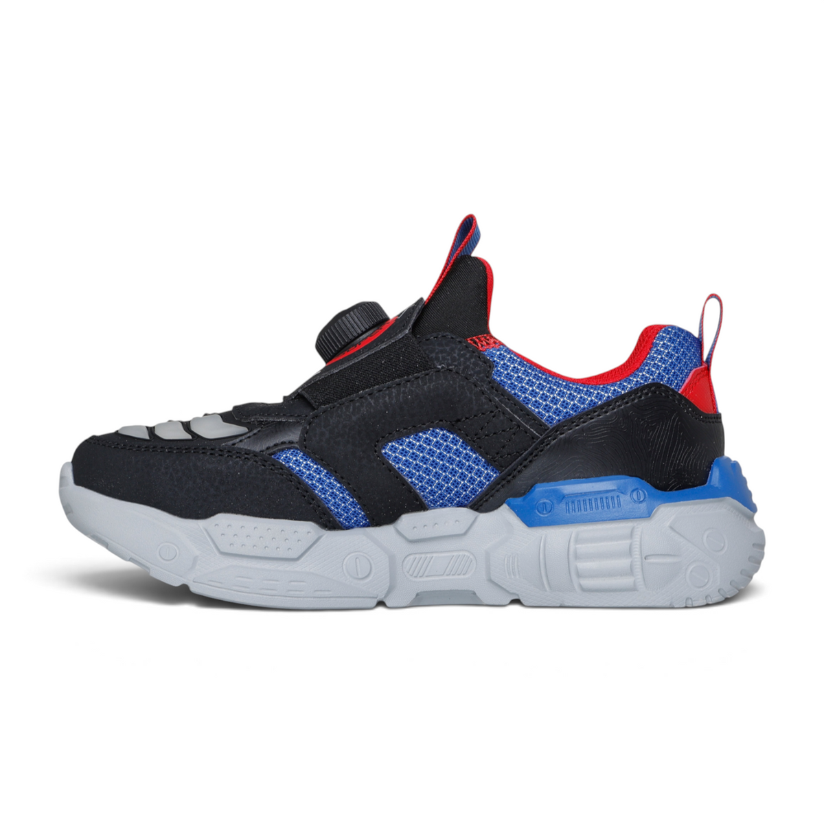 FRG SELECTRONS kids athletic sneakers in black, blue, and red with a dial lacing system and chunky grey sole