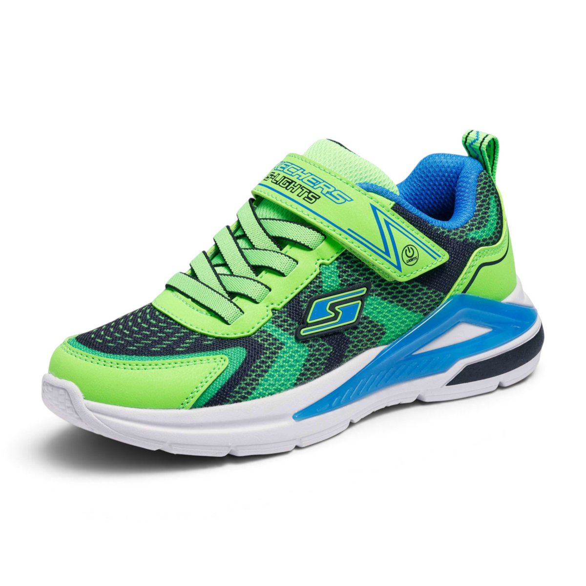 FRG TRI - NAMICS Skechers S-Lights kids sneaker in neon green and blue with mesh upper and hook-and-loop strap