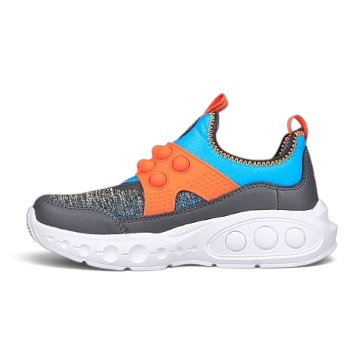 FRG SKECH POPS kids slip-on sneaker in grey, blue, and orange with a textured bubble-pop strap and white sole