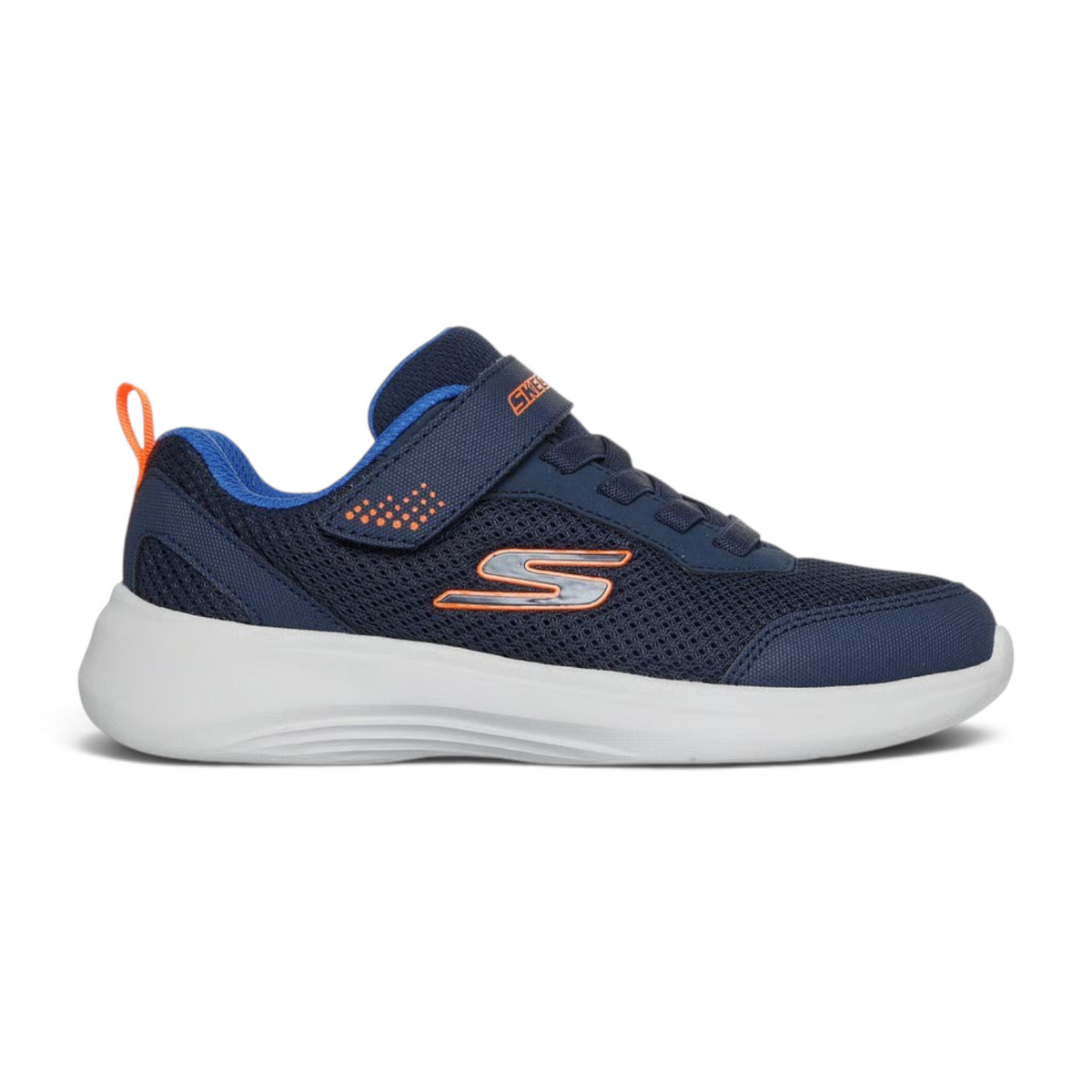 FRG Skechers Selectors Reset Achieved kids sneaker in navy blue mesh with orange accents and hook-and-loop strap.