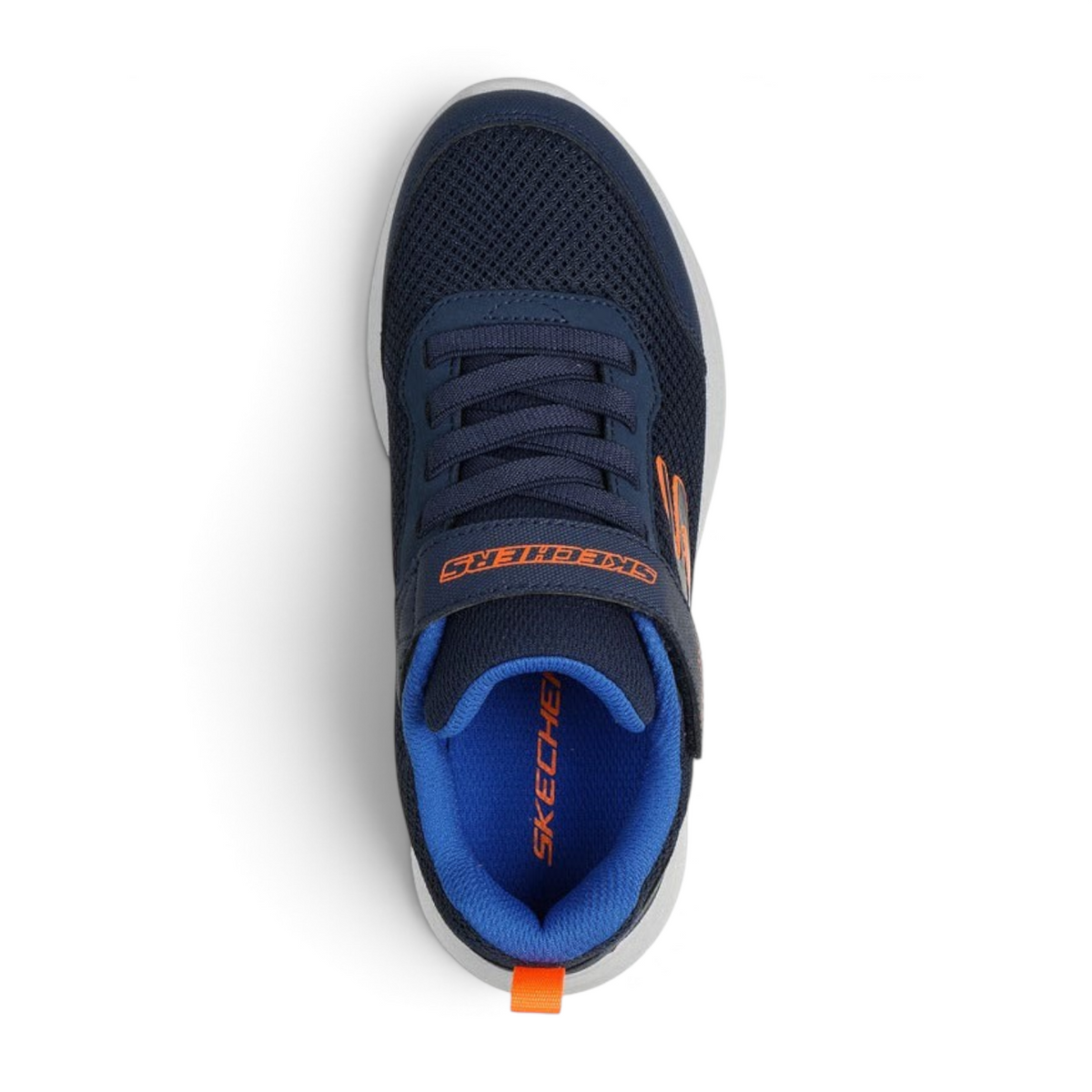 FRG Skechers Selectors Reset Achieved kids navy blue mesh sneaker with orange accents and stretch laces top view