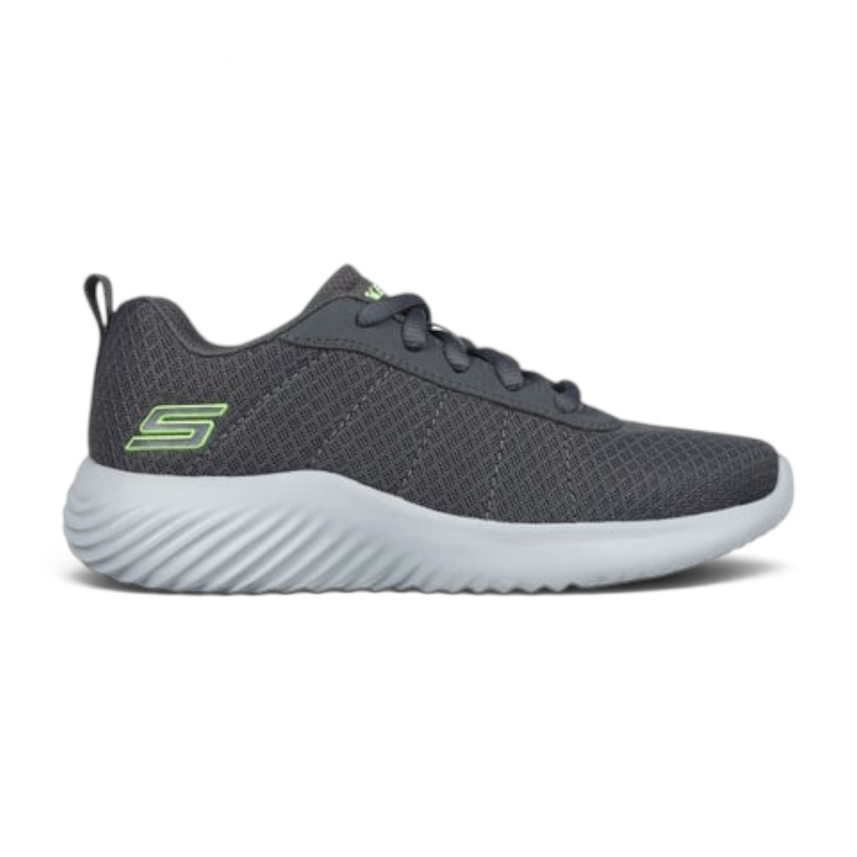 FRG Bounder grey mesh athletic sneaker with neon green logo and white textured midsole