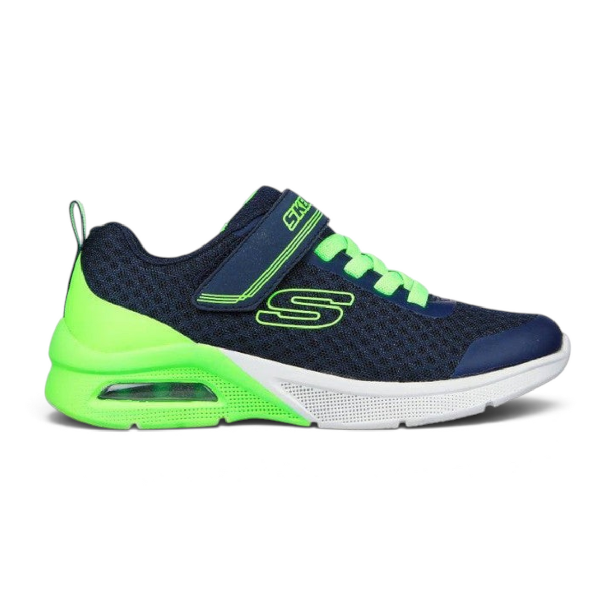 FRG Skechers Microspec Max kids' sneaker in navy mesh with lime green accents, adjustable strap, and air-cushioned sole