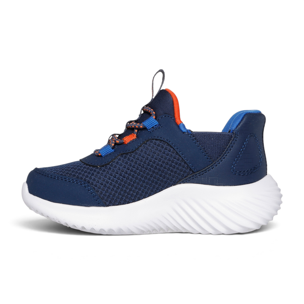 FRG Bounder Brisk Burst navy blue mesh athletic sneaker with orange accents and a thick white cushioned sole