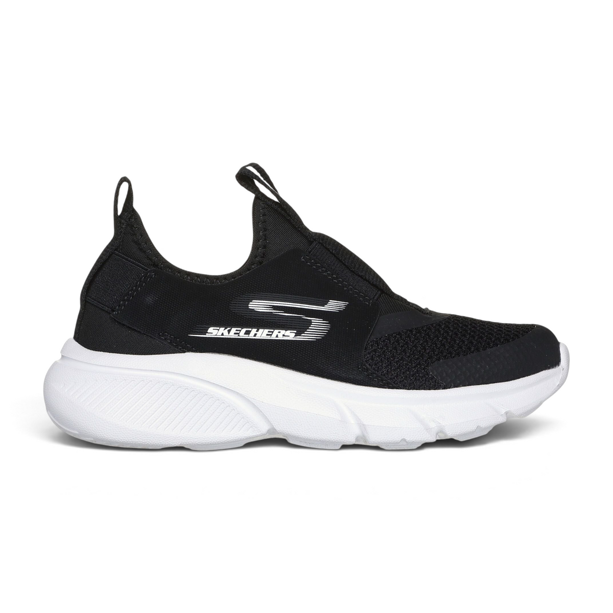 FRG SKECH FASTER - RECZO black slip-on athletic sneaker with white cushioned midsole and Skechers logo branding