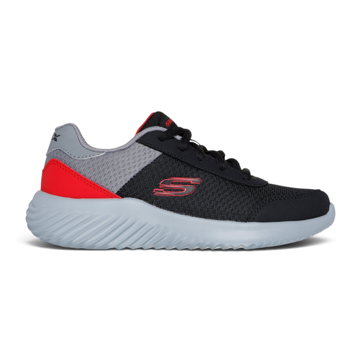 FRG BOUNDER athletic sneaker in black, grey, and red with a textured grey midsole and lace-up closure