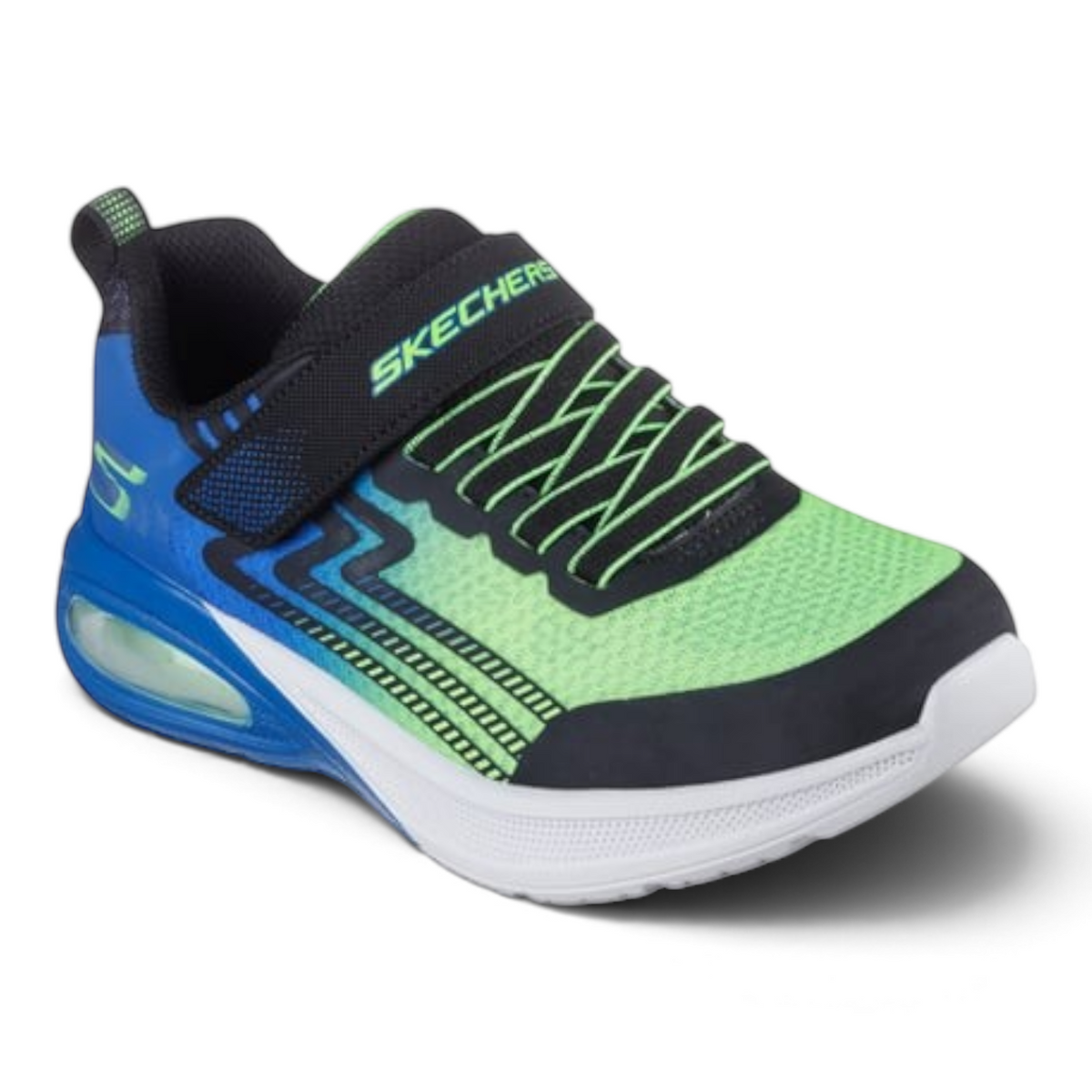 FRG Skechers Microspec Max Advance sneakers in blue and lime green mesh with a visible Skech-Air airbag midsole.