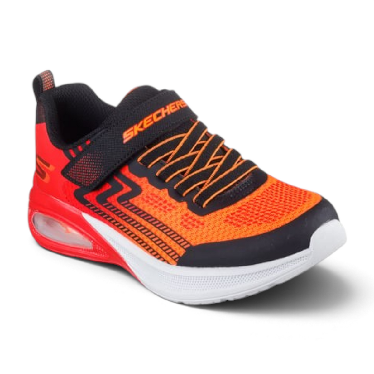 FRG Skechers Microspec Max Advance sneakers in orange and black with a visible Skech-Air midsole and strap closure.