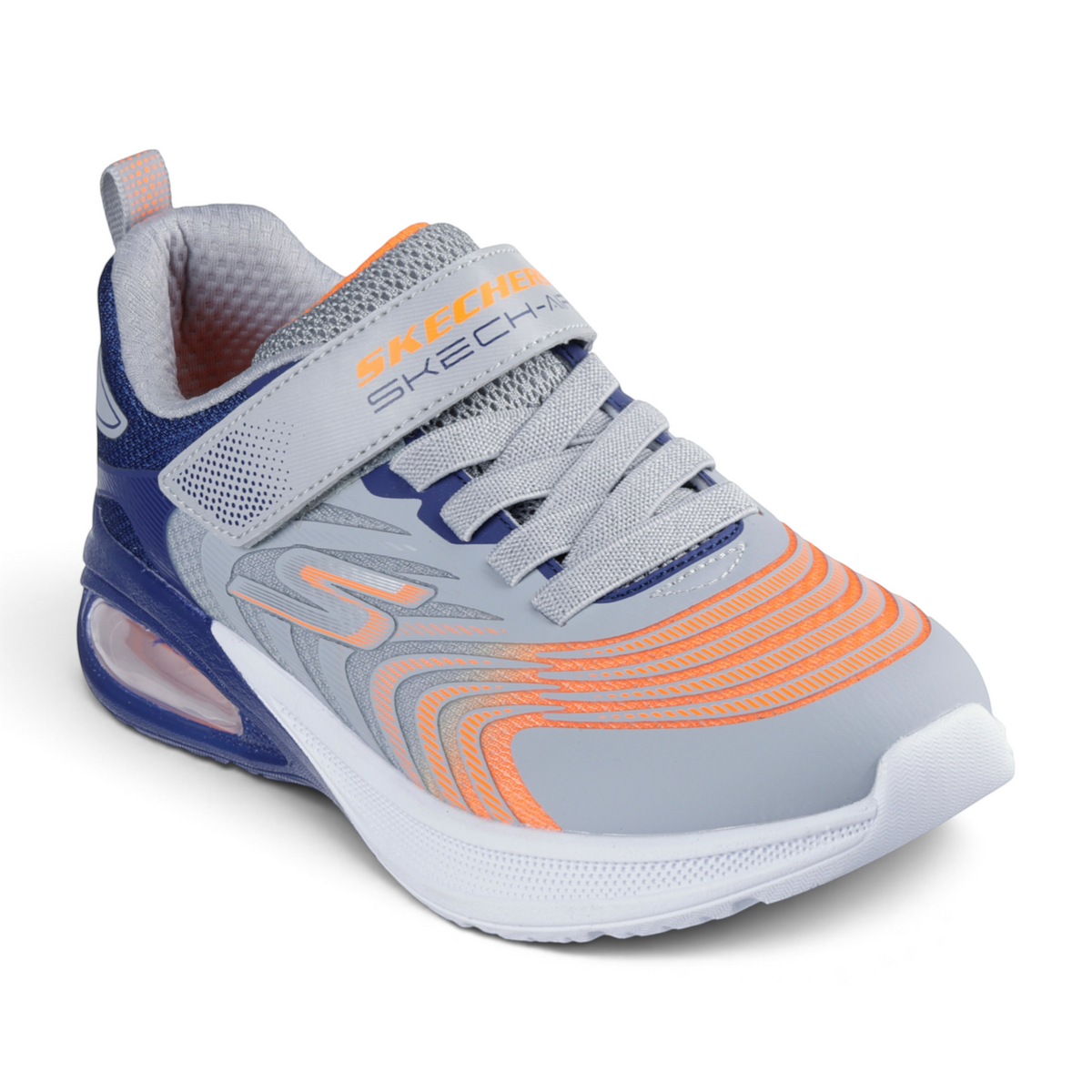 FRG SKECHERS Street Tres-Air Uno Vision-Airy sneaker in grey, blue, and orange with a hook-and-loop strap and air heel