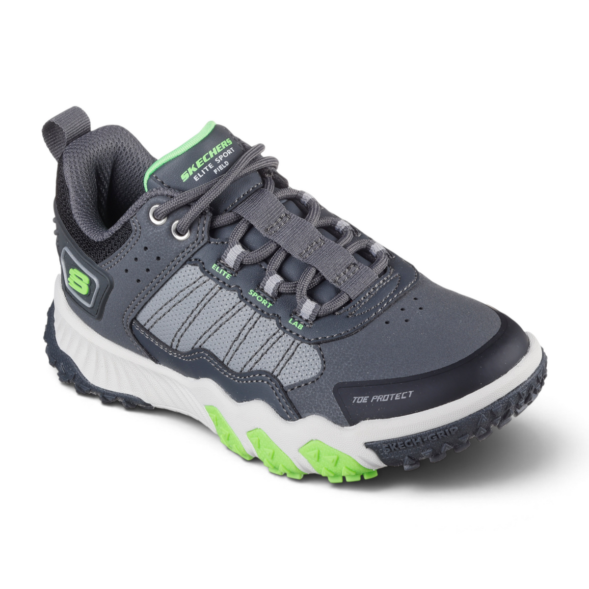 FRG Skechers Elite Sport Field athletic lace-up sneaker in grey with lime green accents and durable rubber outsole.