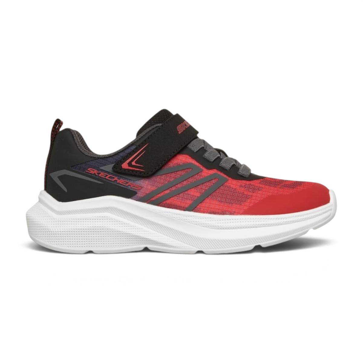 FRG Skechers Microspec Velocity kids' sneaker in red and black with a white cushioned midsole and hook-and-loop strap.