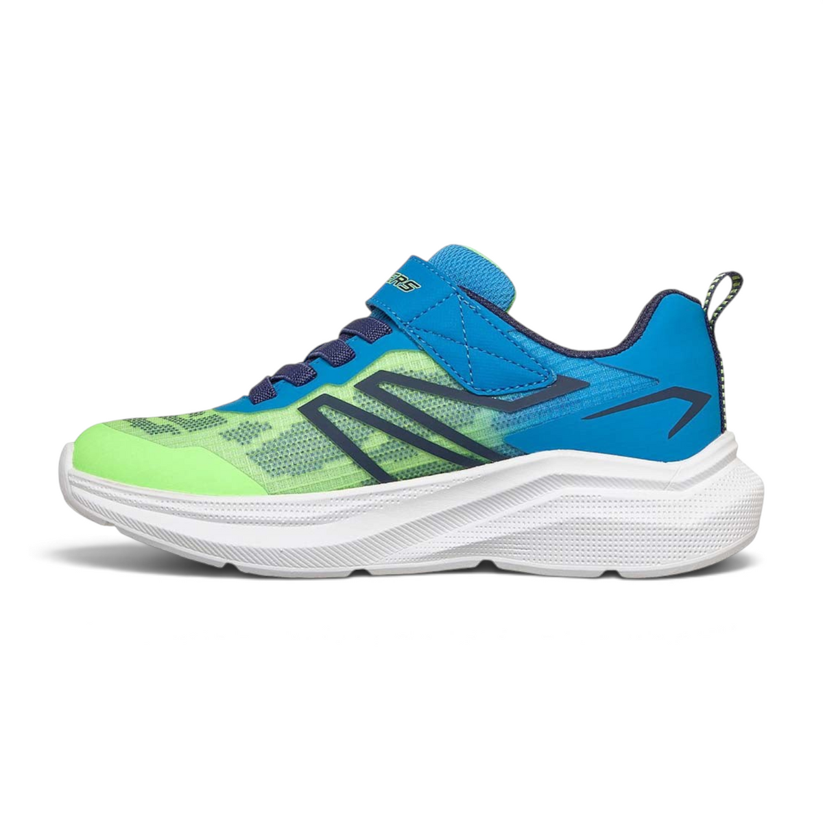 FRG Skechers Microspec Velocity kids' sneaker in lime green and blue with a cushioned white sole and strap closure