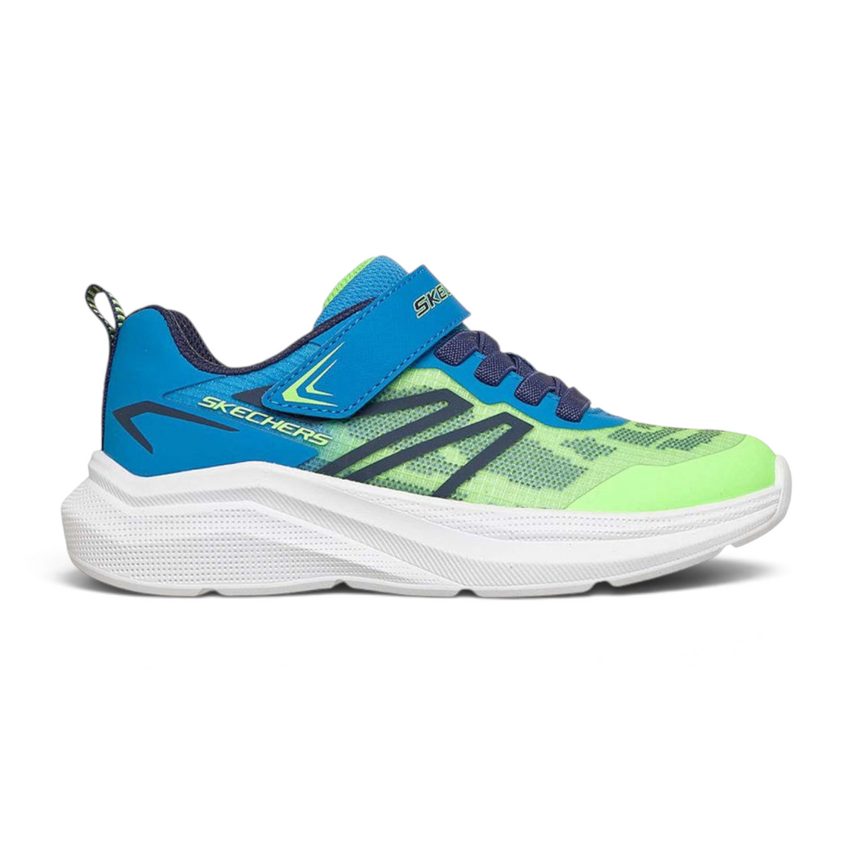 FRG Skechers Microspec Velocity kids' sneaker in lime green and blue with a white cushioned sole and strap closure