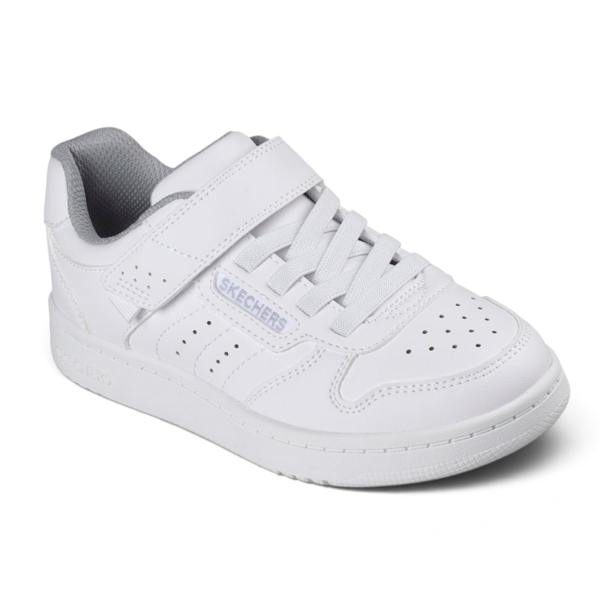 FRG Skechers Quick Street white court-style low-top sneaker with hook-and-loop strap and grey interior lining