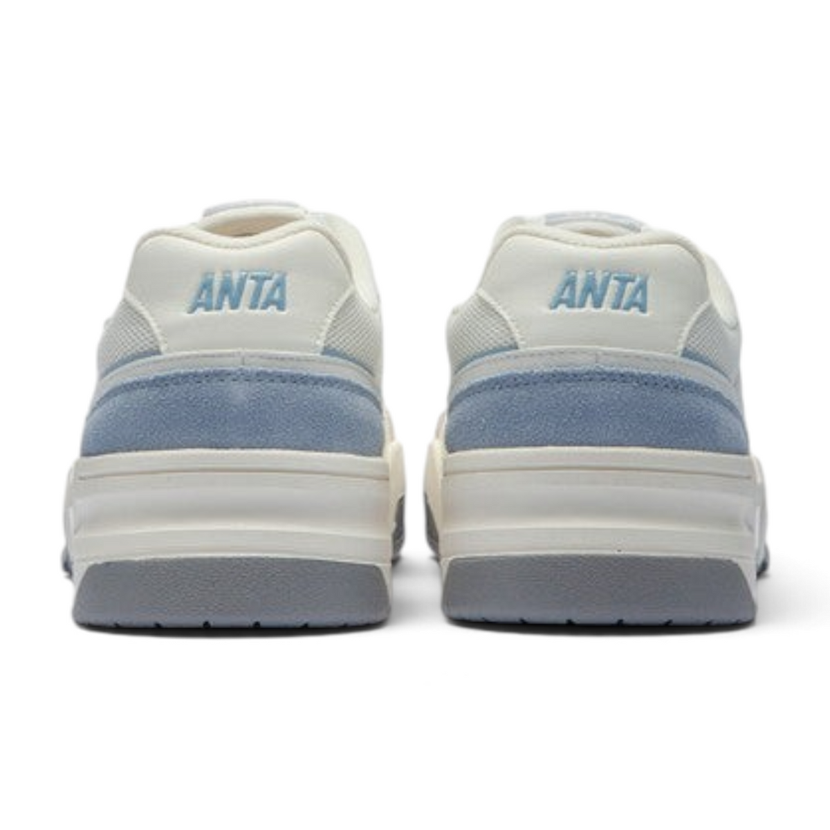 FRG Anta X-Game Flame 5.0 retro sneakers in beige and blue, showing the back view with branded heel detail.