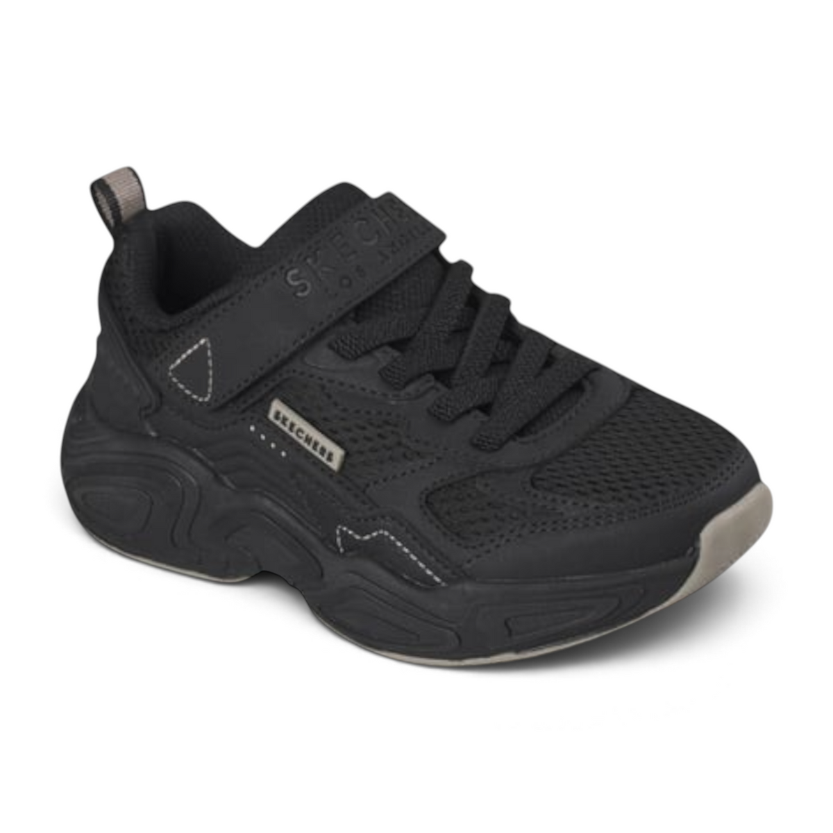 FRG MEGA-QUAKE SEISMOTECH black athletic sneaker with mesh upper, hook-and-loop strap, and chunky rubber sole